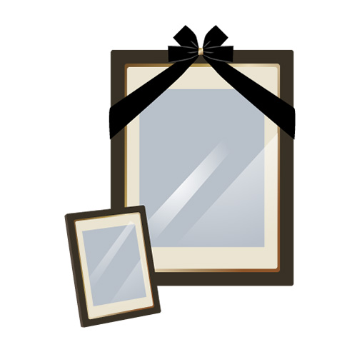 家族葬のアートの黒い弔いリボンが付いた遺影額と小さな写真立て