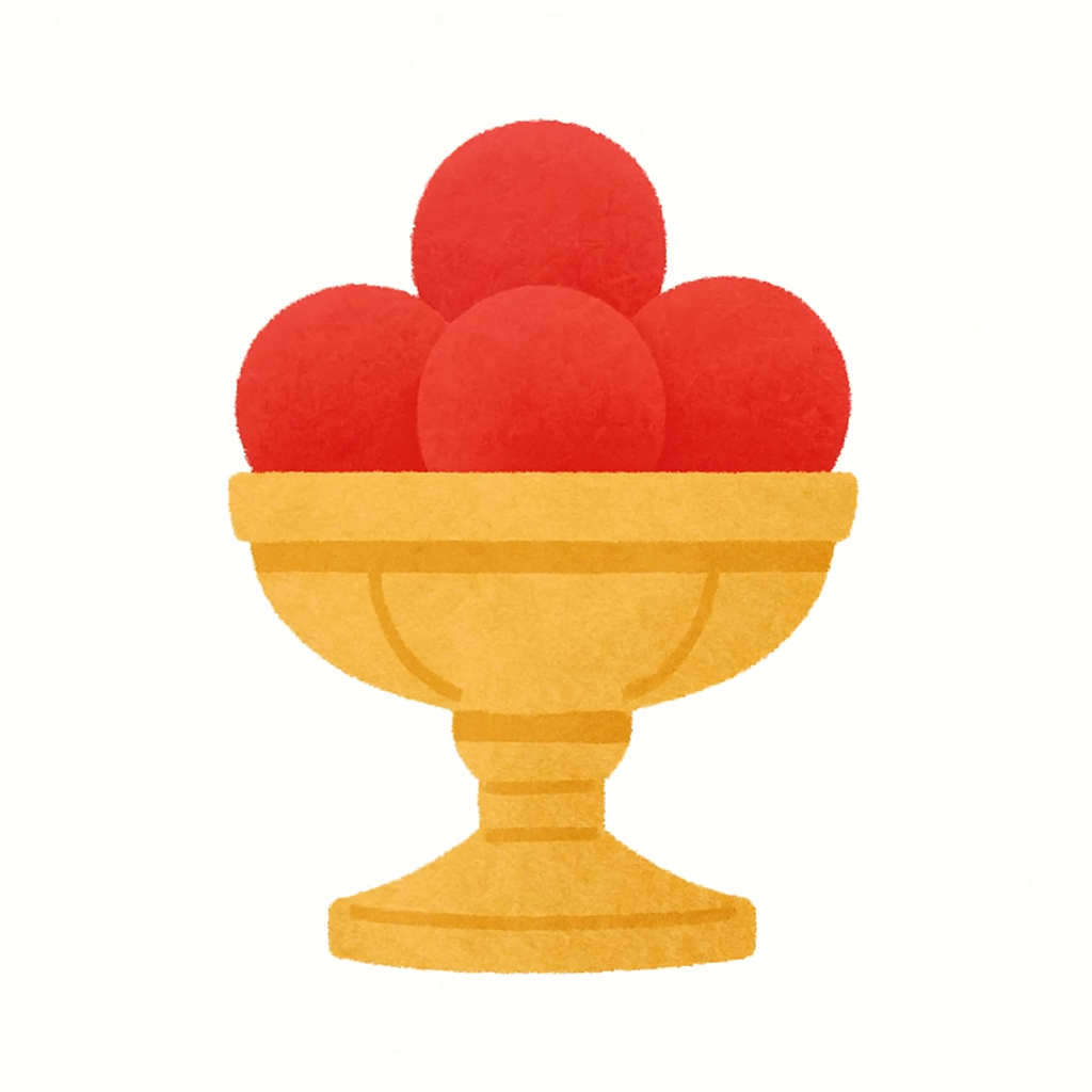 家族葬のアートの赤い供え物が載った金色の供物台